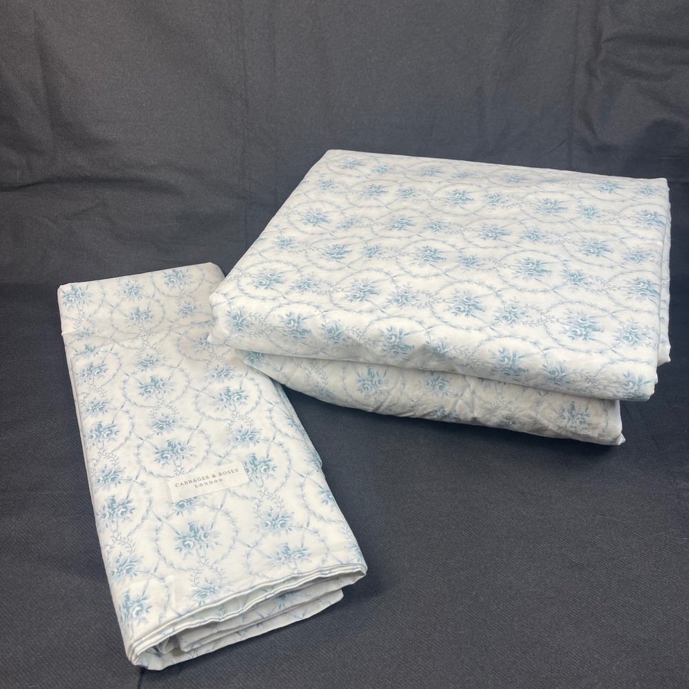 Cabbages & Roses London Julia China Blue Floral Cotton Full Double Sheet Set 4pc